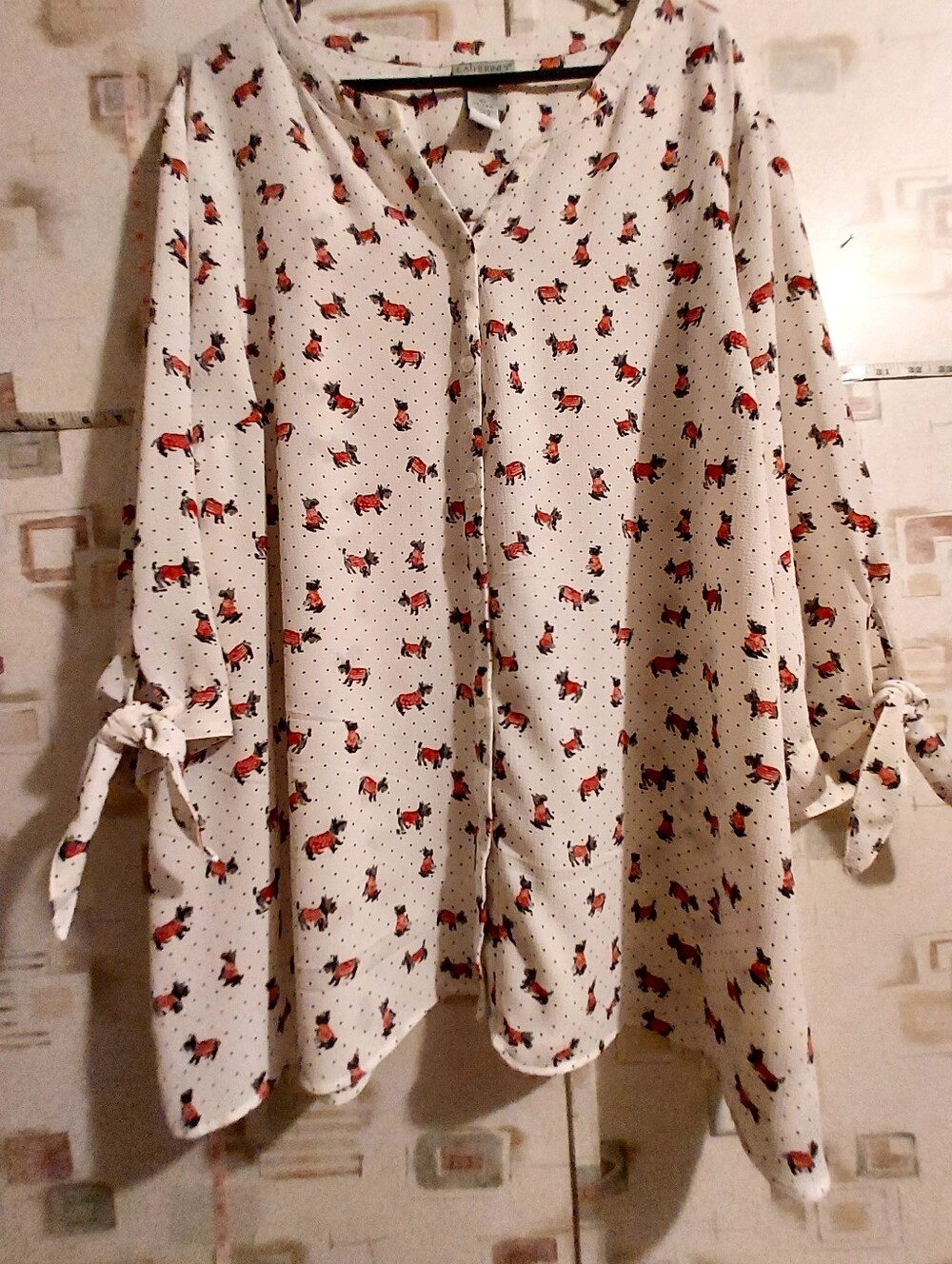 Women’s Cream Button-Front Blouse with Red Dog Print
